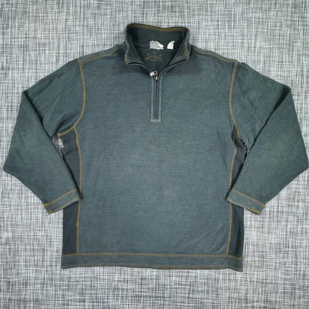 Tommy Bahama Jeans Men's 1/4 Zip Sweater XL Gray Waffle Knit Contrast Stitch